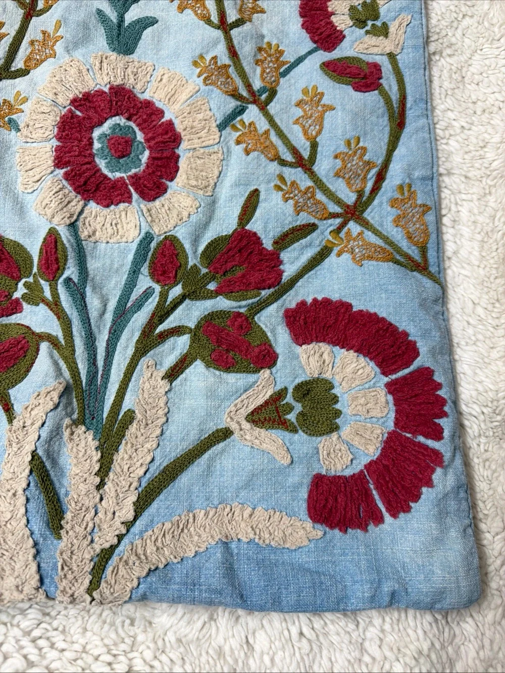 Pottery Barn Embroidered Floral Throw Pillow Cover in Light Blue, Red & Cream